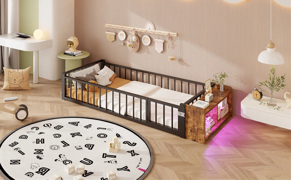 Letto singolo per bambini 90x200 cm con sponda; vano aperto e LED in metallo e MDF; nero
