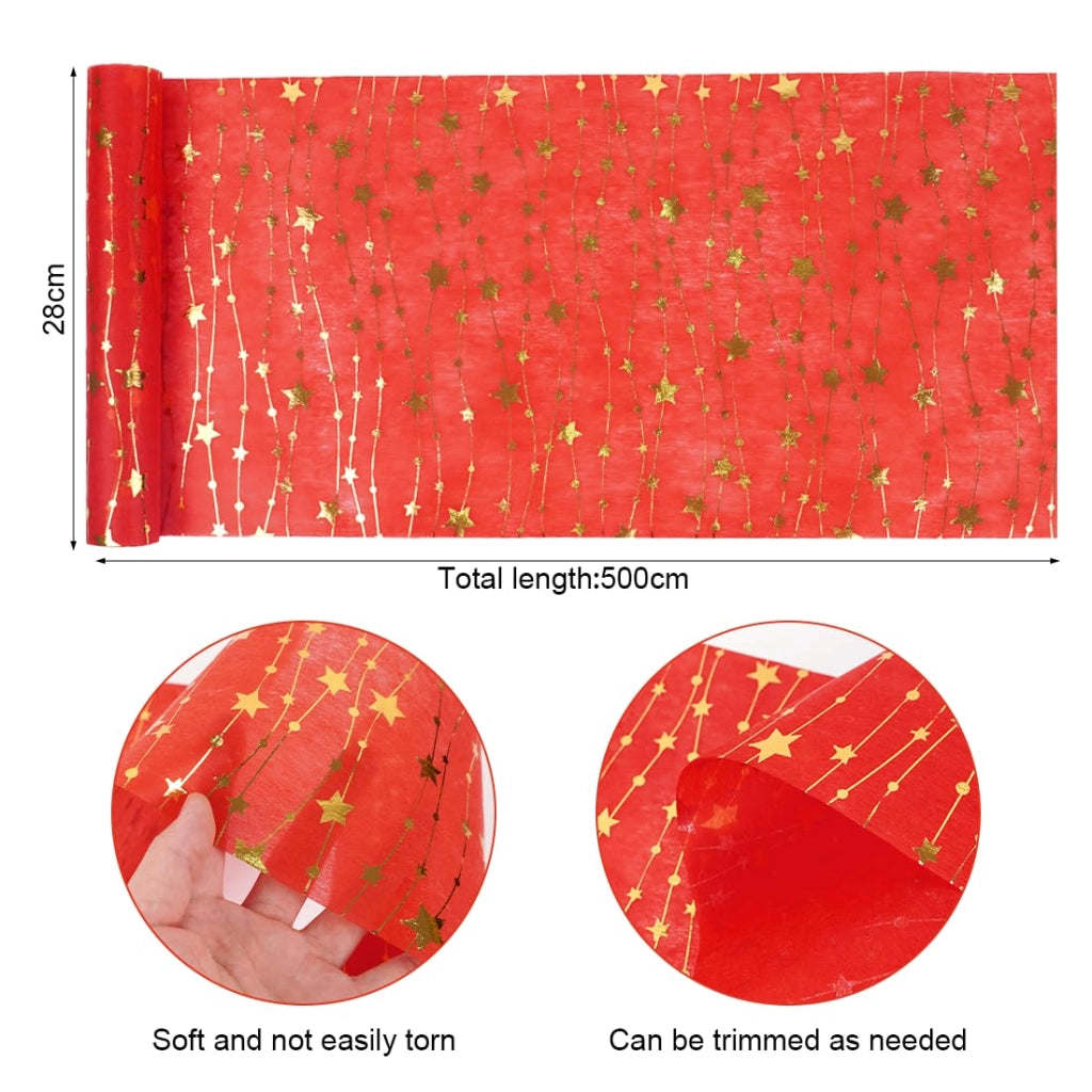 Tovaglia decorativa rossa e dorata con stelle, 28x500 cm, in poliestere, ideale per Natale