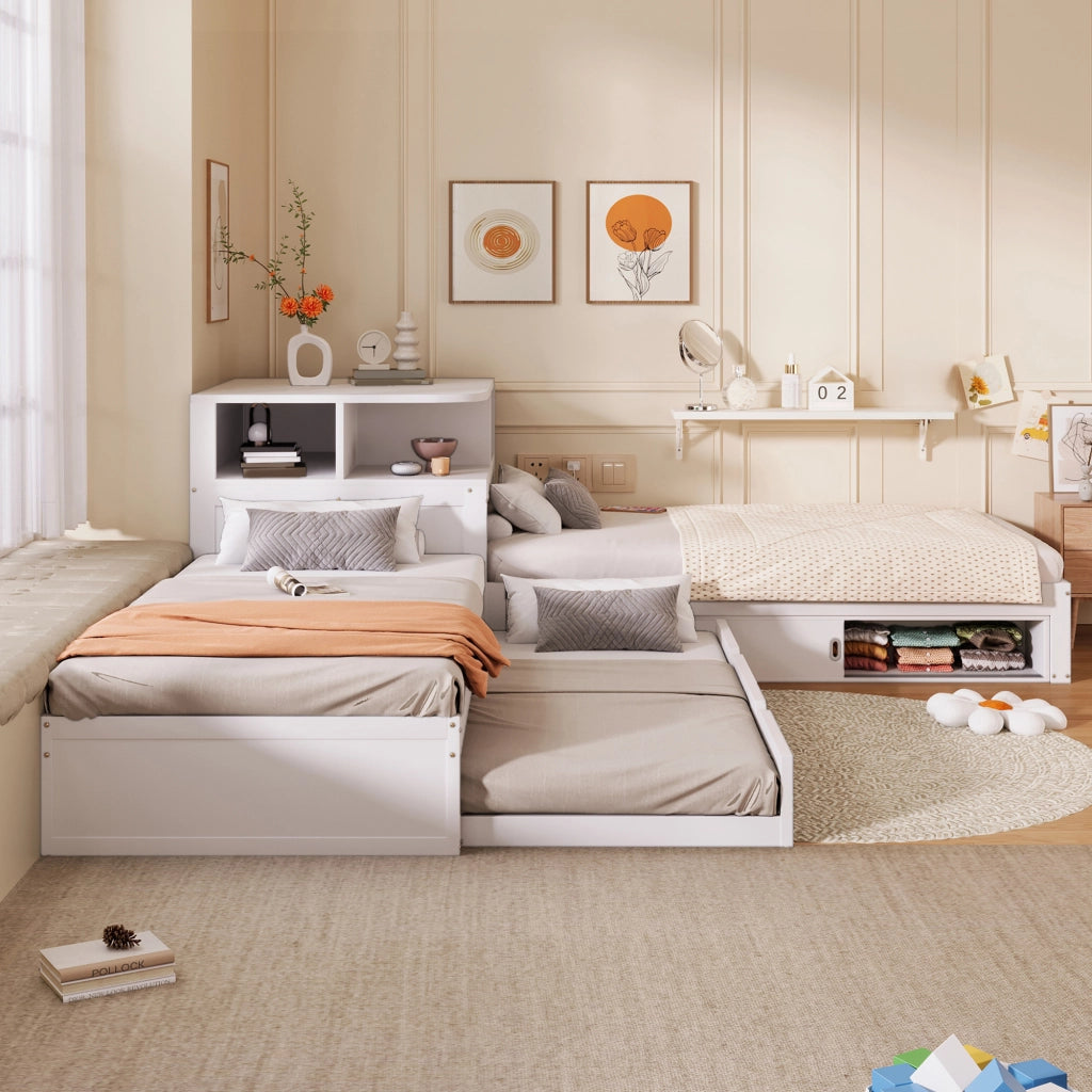 Letto singolo a piattaforma 90 × 200 cm con letto estraibile in MDF e legno bianco con luce LED e ante scorrevoli