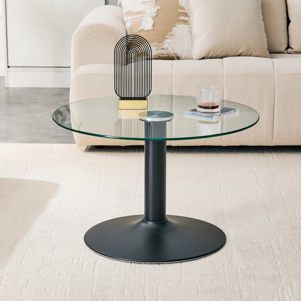 Tavolino da salotto rotondo in vetro temperato di sicurezza; struttura in metallo robusta; nero; 70x45 cm