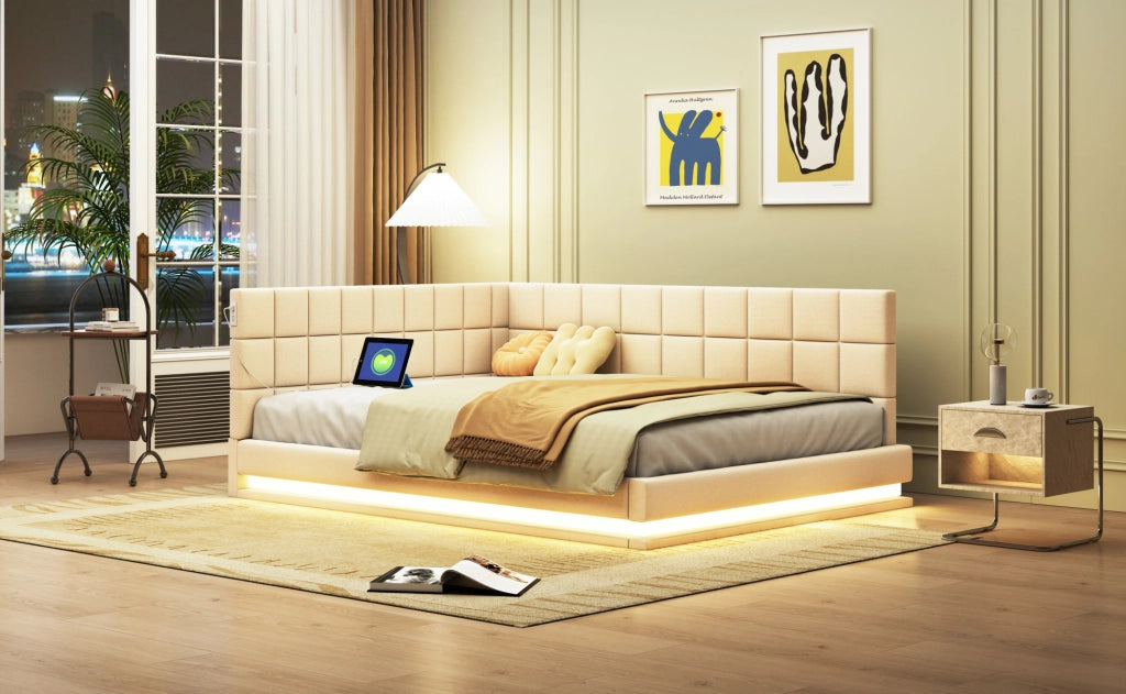 Divano Letto Imbottito 140x200 cm con LED, Porta USB e Rete a Doghe, Beige in Lino