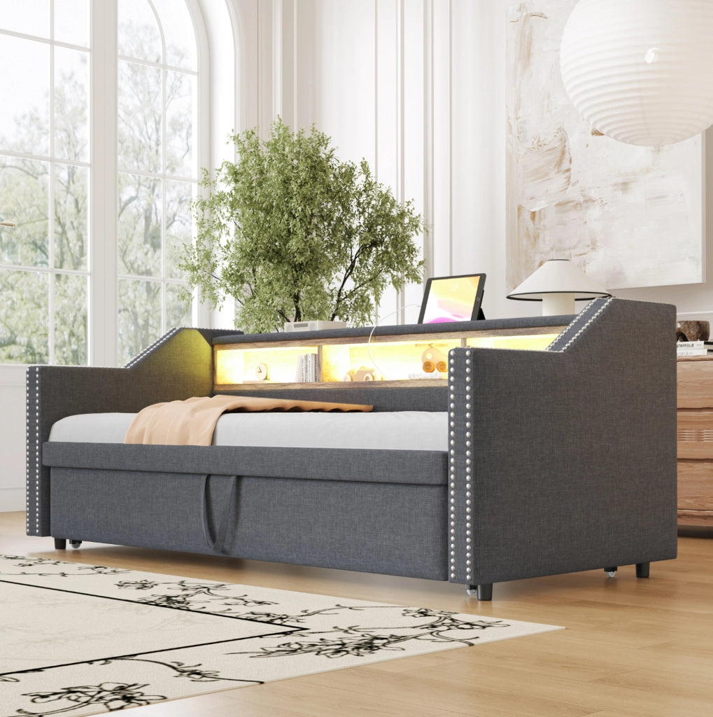Divano Letto Salvaspazio con Contenitore, LED e Porta USB, 90/180 x 190 cm, Grigio Scuro, con Due Materassi a Molle
