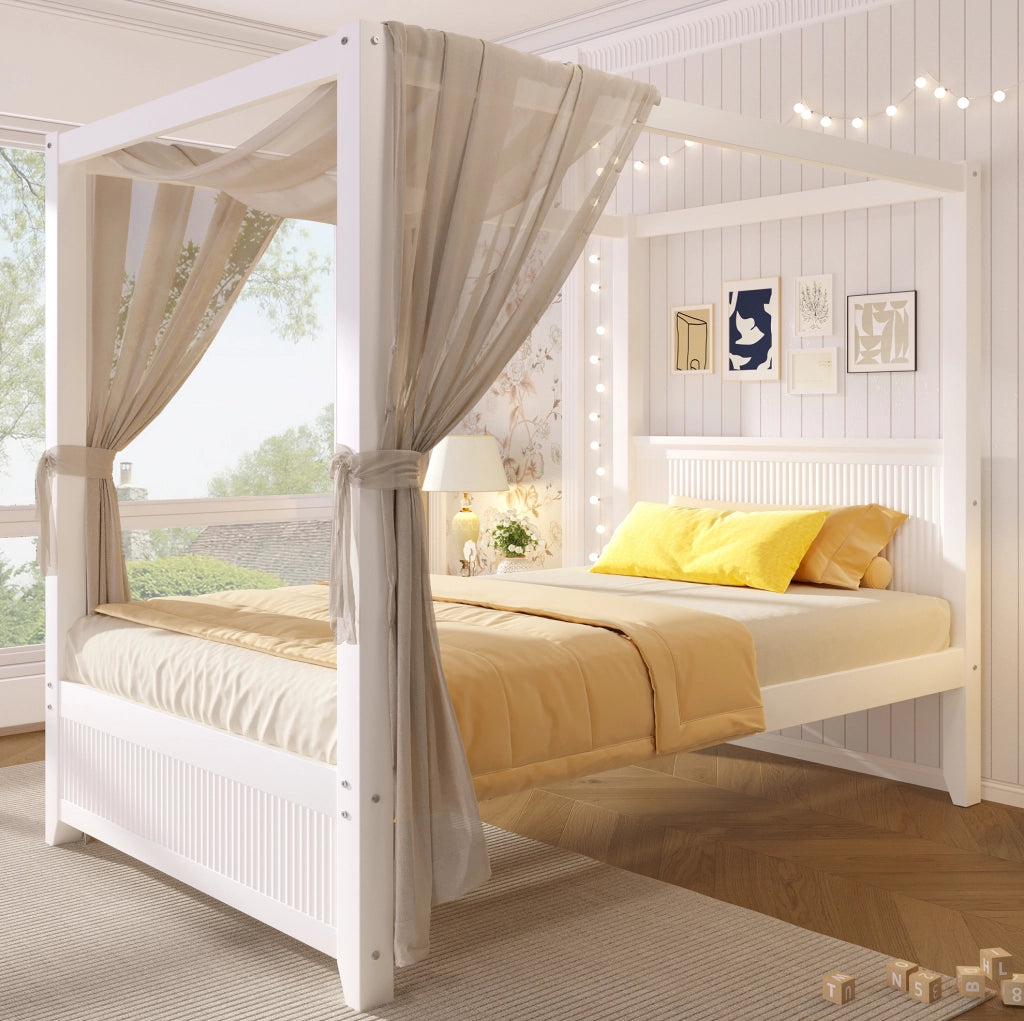 Letto a baldacchino in legno 90x200 cm bianco con cornice decorativa e doghe verticali
