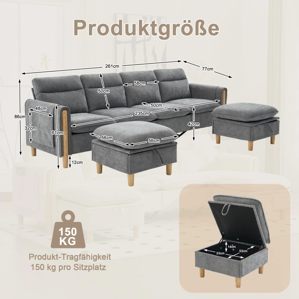 Divano modulare 4 posti in ciniglia grigio chiaro con 2 pouf contenitore