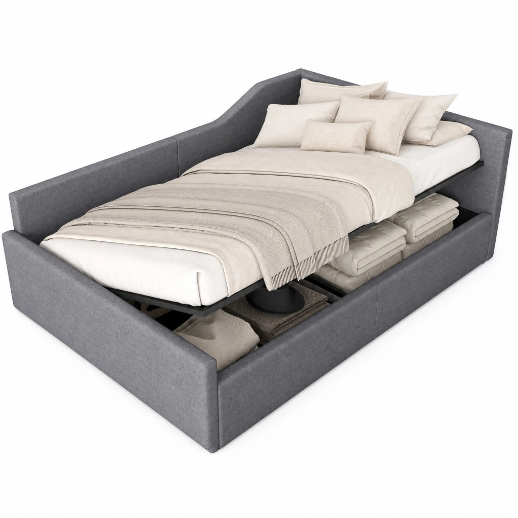 Letto da giorno 140 × 200 cm con vano contenitore in lino grigio struttura in legno MDF e compensato