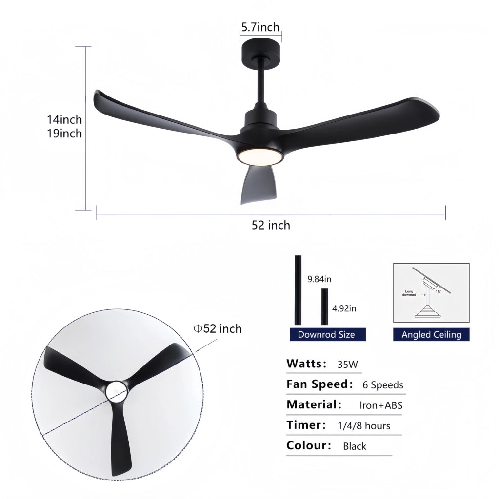 Ventilatore da soffitto 52 pollici con luce LED; telecomando e motore DC reversibile nero