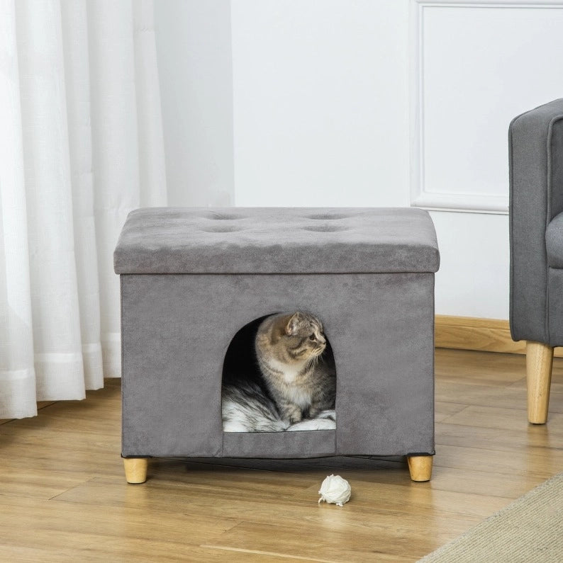 Cuccia per gatto 2 in 1 60 x 45 x 44,5 cm in MDF grigio, pouf sfoderabile imbottito