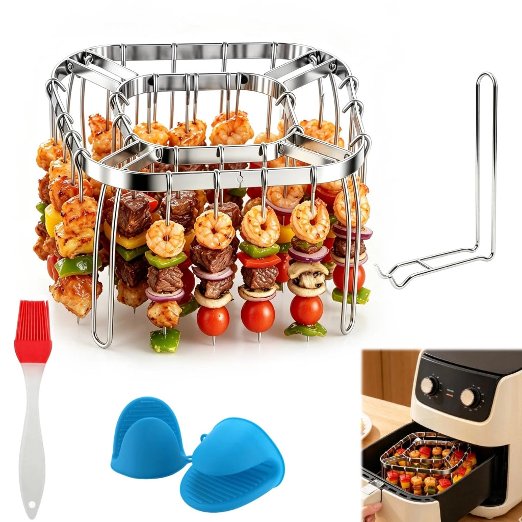 Supporto pieghevole per friggitrice ad aria con funzione grill, con 28 spiedini, in acciaio inossidabile, set di accessori
