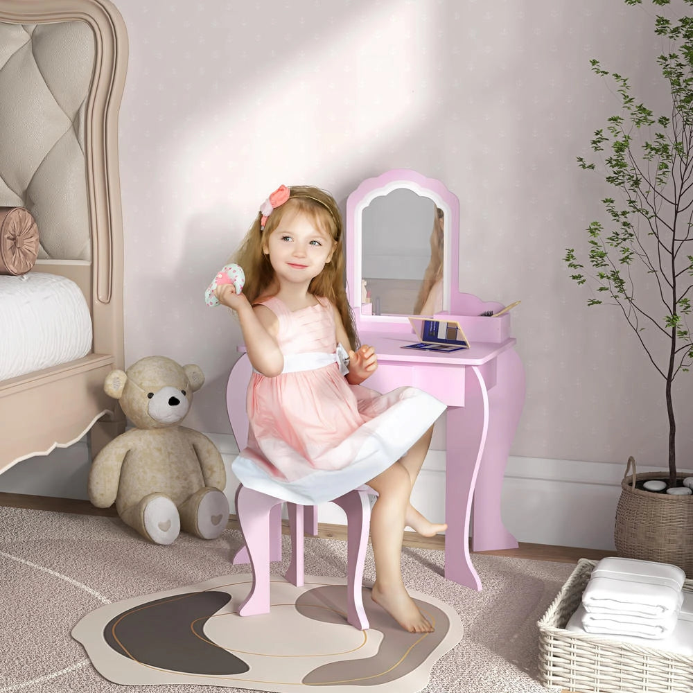 Set Toeletta per Bambini con Specchio e Sgabello in Legno Tavolo da Trucco con Cassetto per Cameretta Rosa