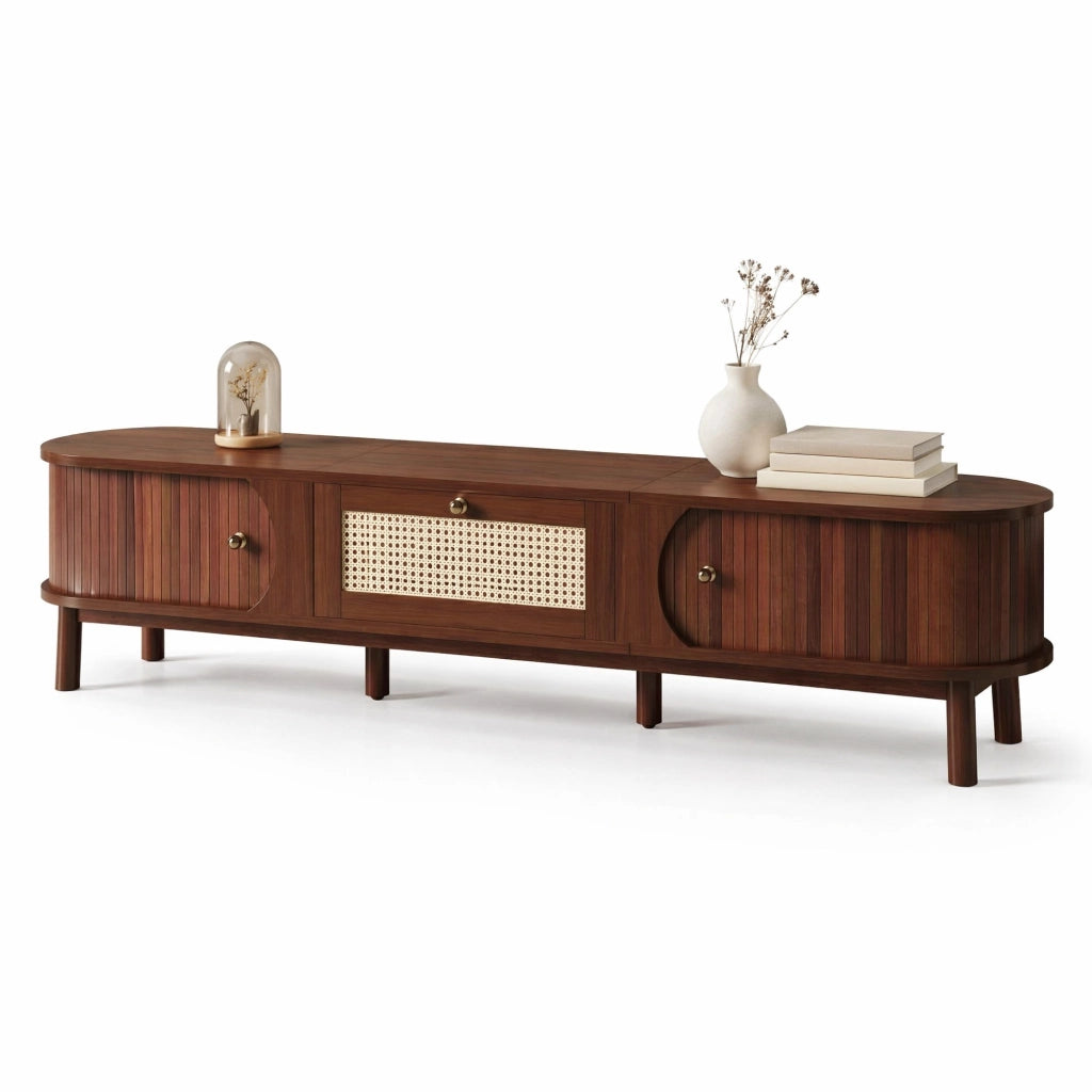 Mobile TV in legno massello con ante e cassetti in rattan, 170x39,5x38 cm, finitura naturale
