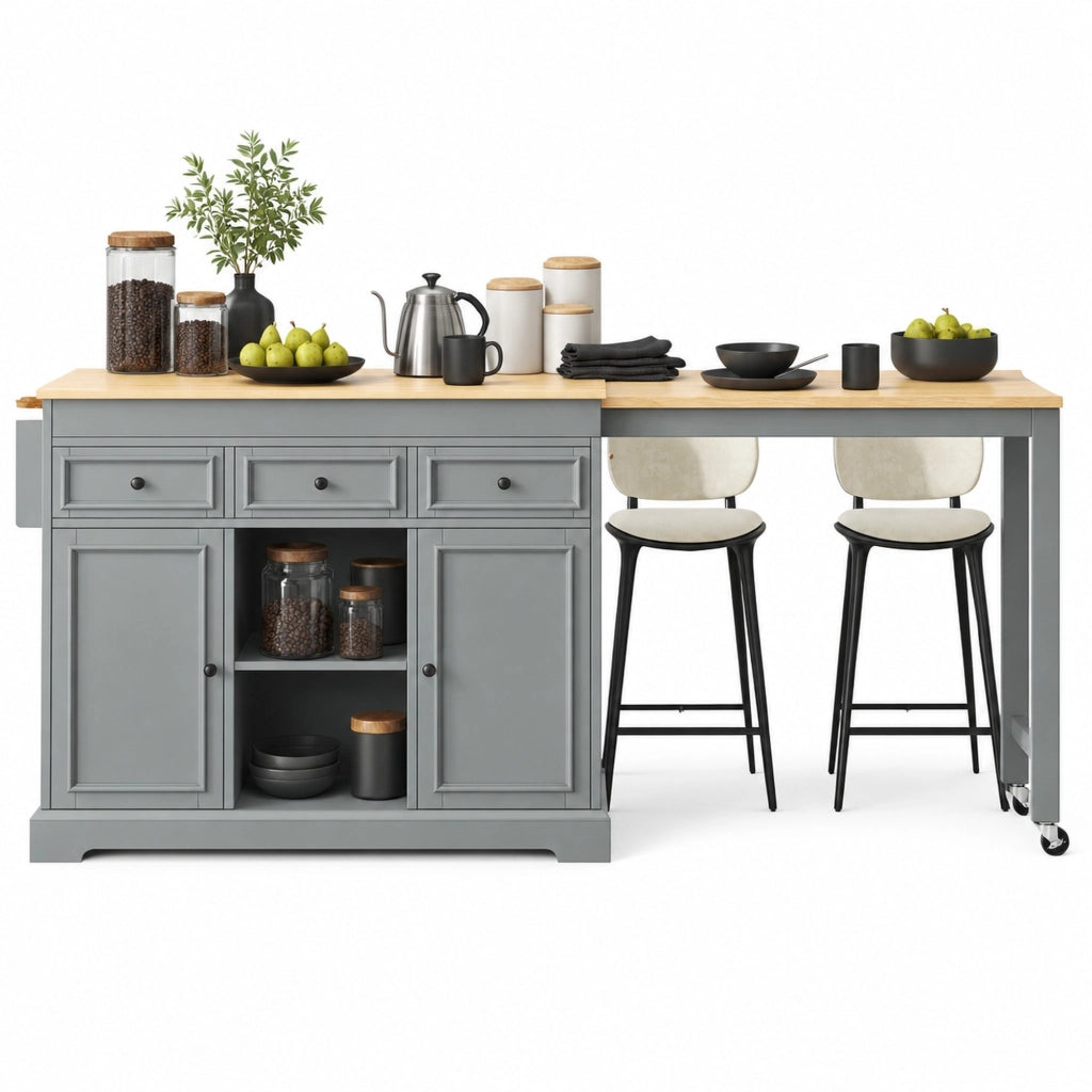 Isola cucina mobile grigia con piano estraibile e cassetti