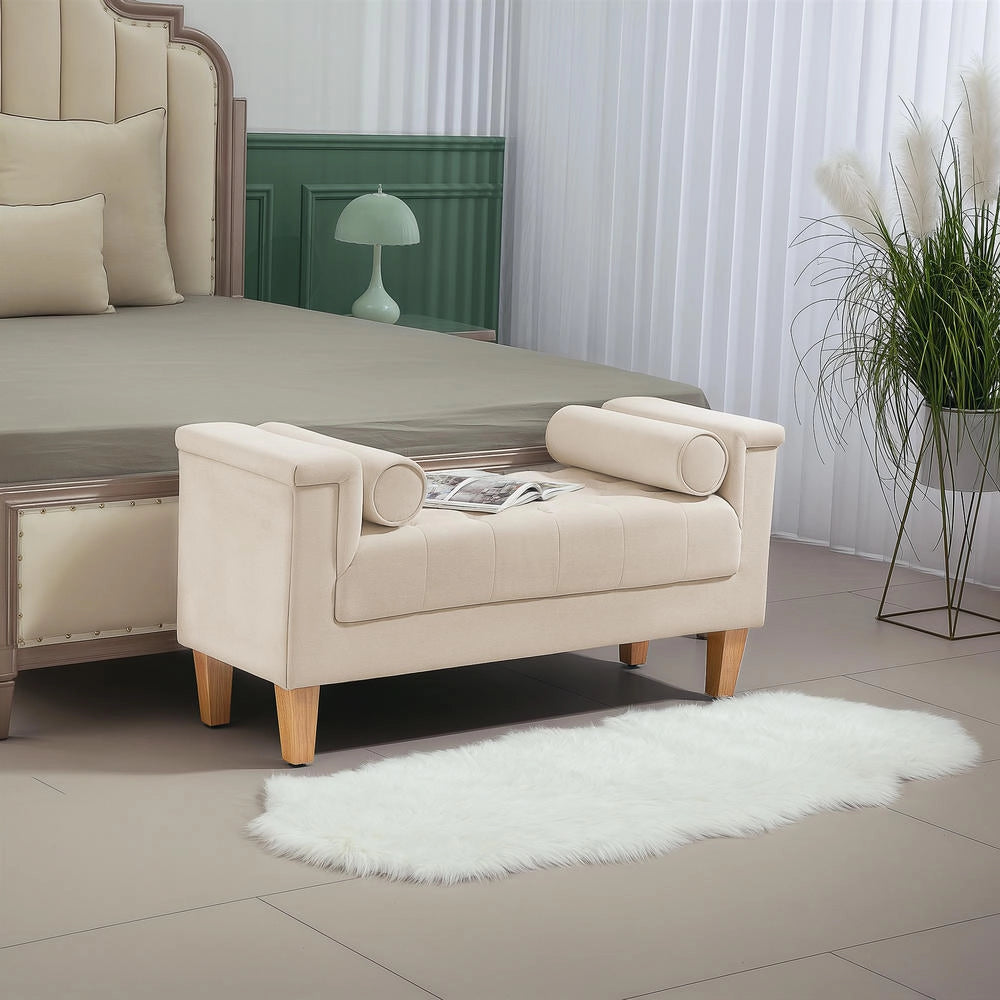 Panca Imbottita Vintage in Ciniglia Beige con 2 Cuscini e Braccioli per Ingresso e Camera da Letto 115 x 44 x 58 cm