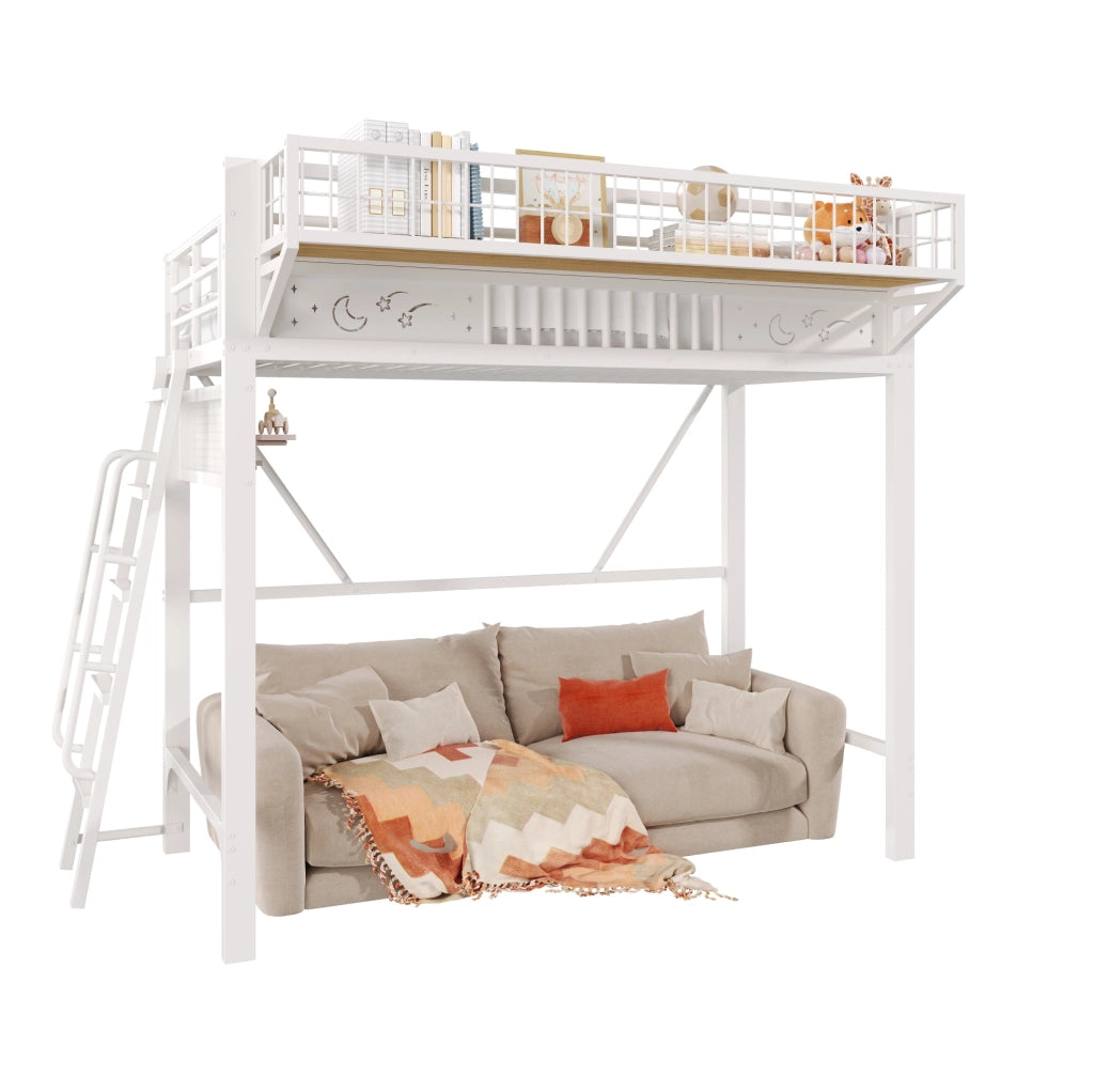Letto a soppalco in metallo 90x200 cm con ripiani e vano aperto, senza materasso, bianco