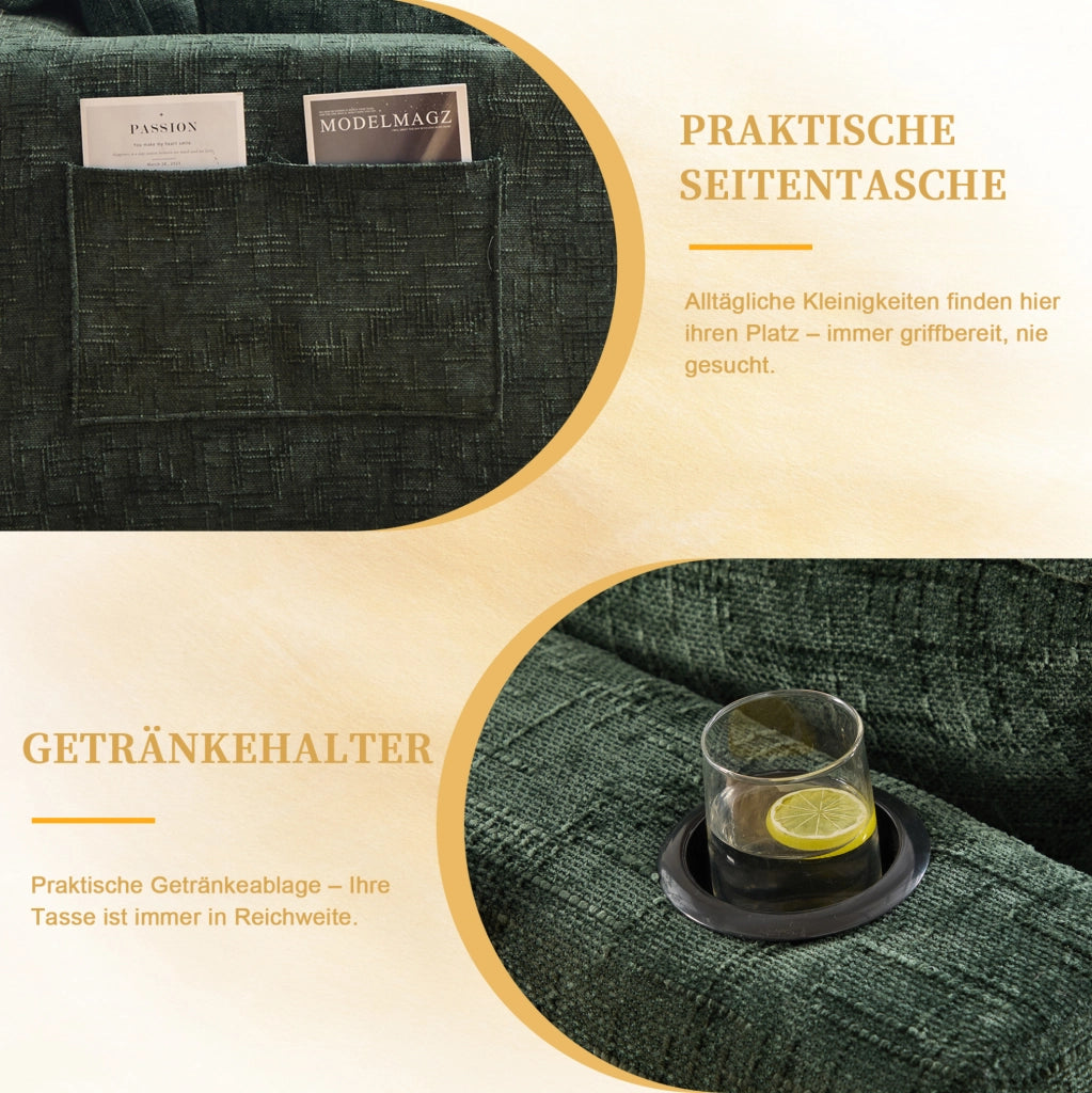 Divano modulare in ciniglia verde con pouf e tasche laterali