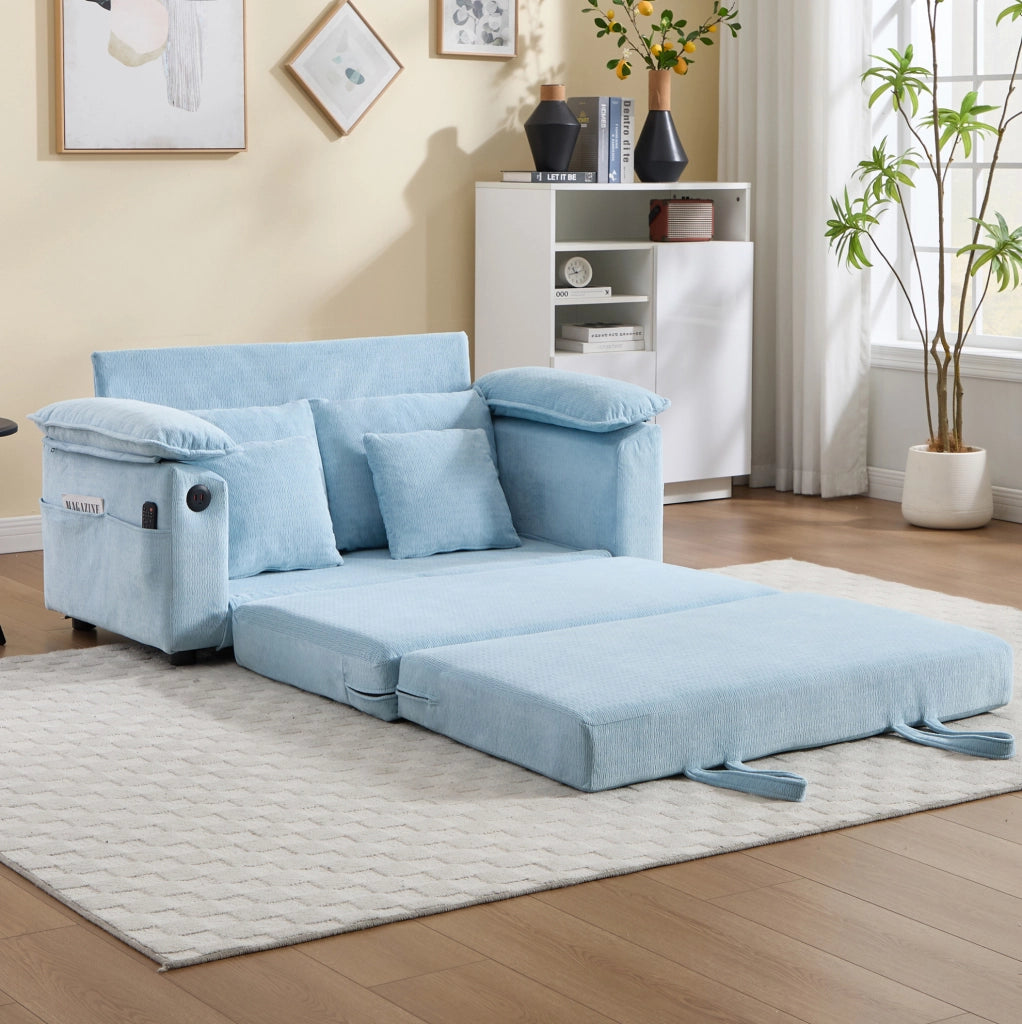Poltrona monoposto imbottita in ciniglia blu con cuscini per testa e zona lombare