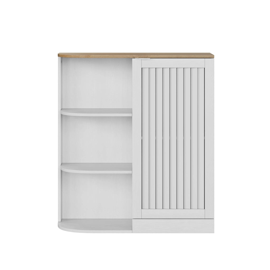 Mobile da bagno ad angolo 68 × 25 × 76 cm bianco e rovere con 3 ripiani aperti ante a griglia e ripiani regolabili