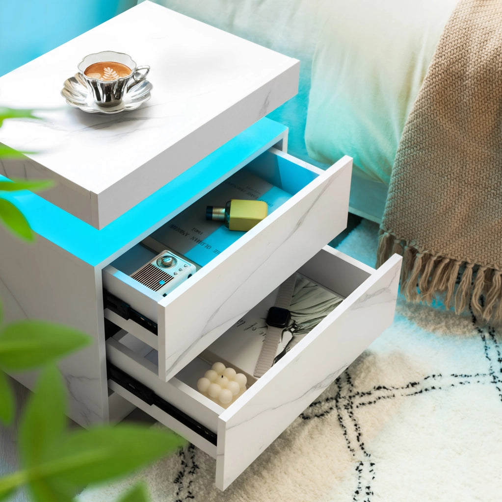 Comodino Moderno con 2 Cassetti e Luce LED Regolabile - Bianco Pietra