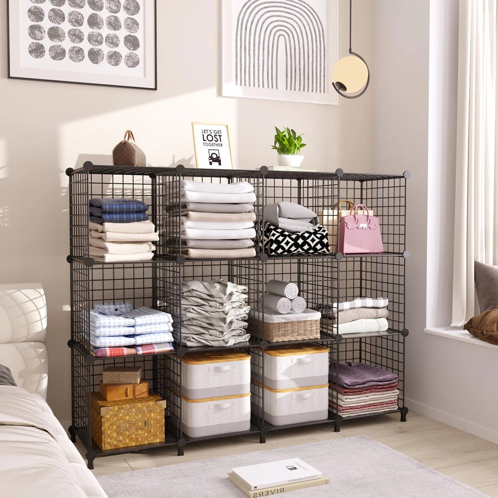 Scaffale modulare a forma di cubi, 12 cubi, colore nero, da assemblare, impilabile, 30 cm (11,8 pollici)