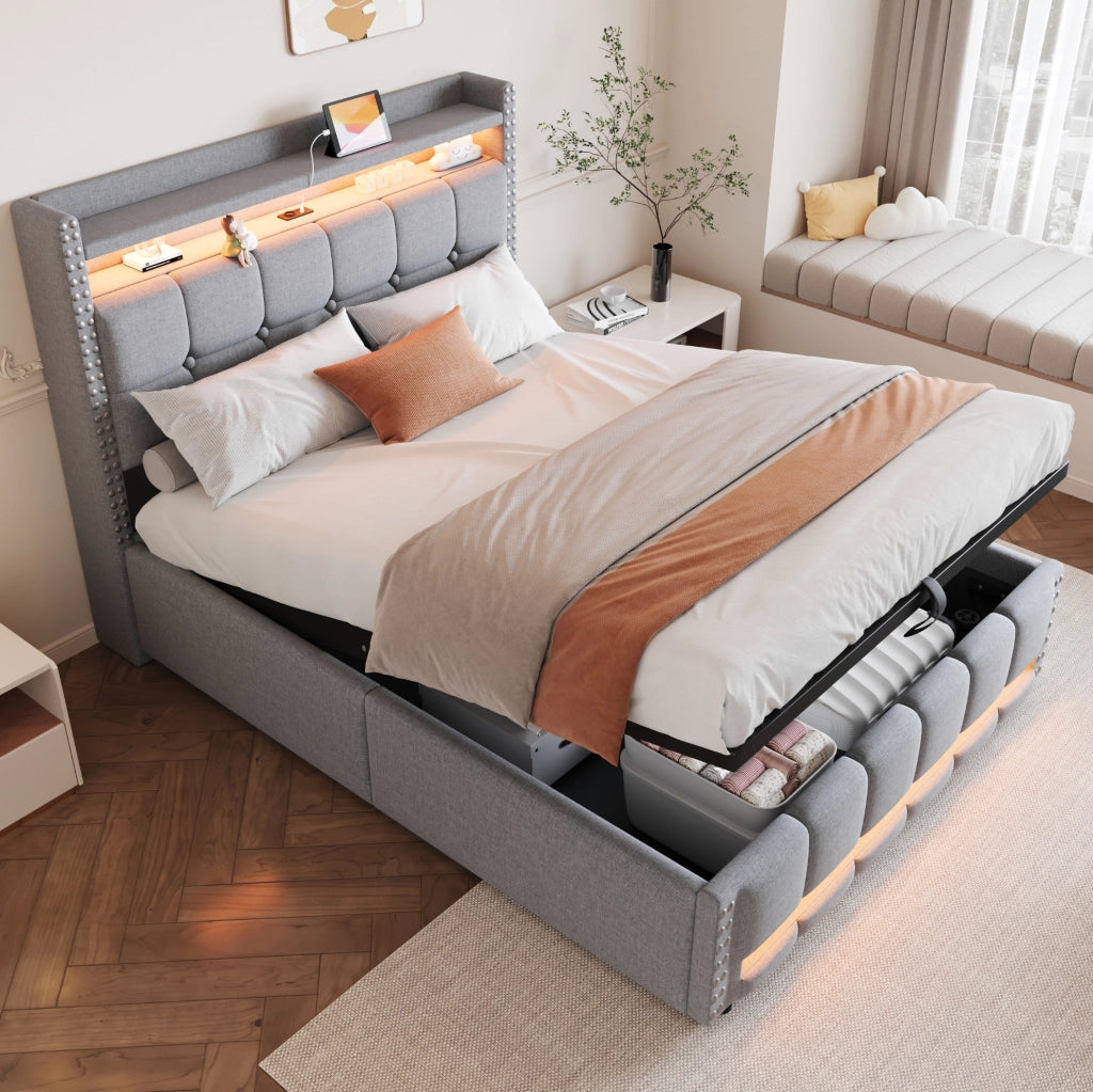 Letto imbottito 140 × 200 cm con contenitore idraulico; LED e presa USB; lino grigio chiaro
