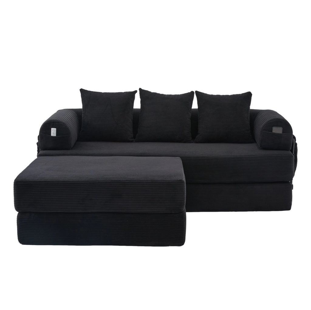 Divano modulare 200x190x67 cm con pouf e tasca laterale, rivestimento in velluto a coste nero
