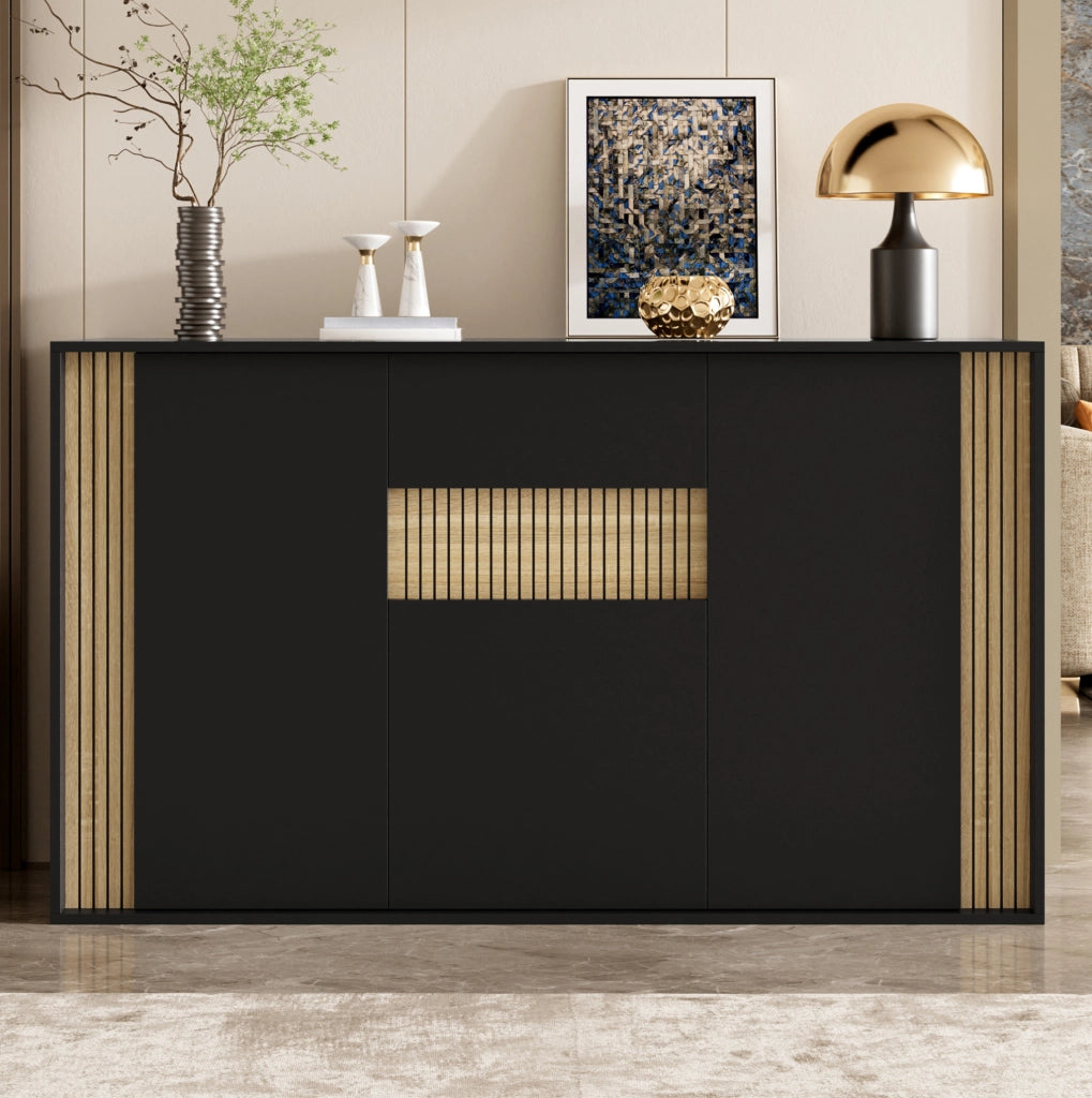 Credenza nera e naturale con 3 ante, cassetto e illuminazione LED, 140 x 40 x 82 cm