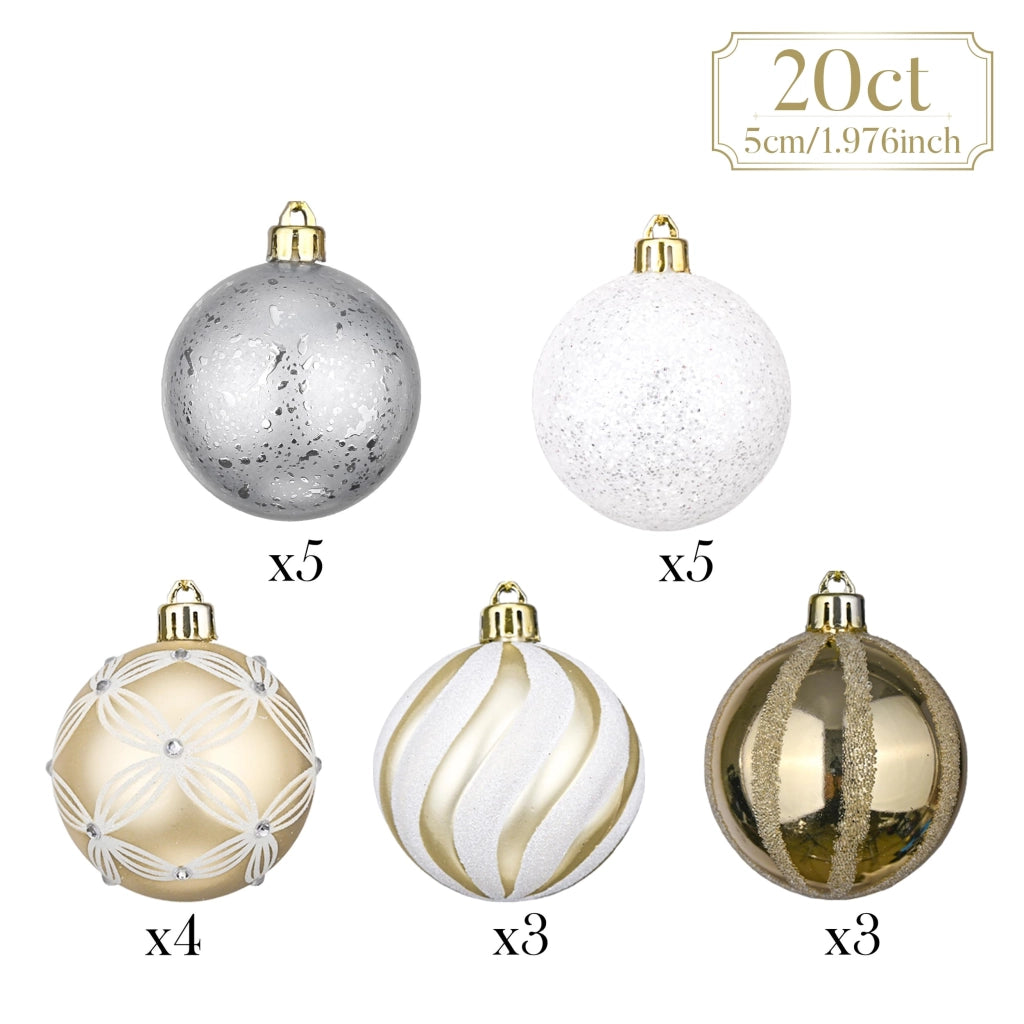 Palline natalizie, 20 pezzi, 5 cm, dorate e bianche, in plastica