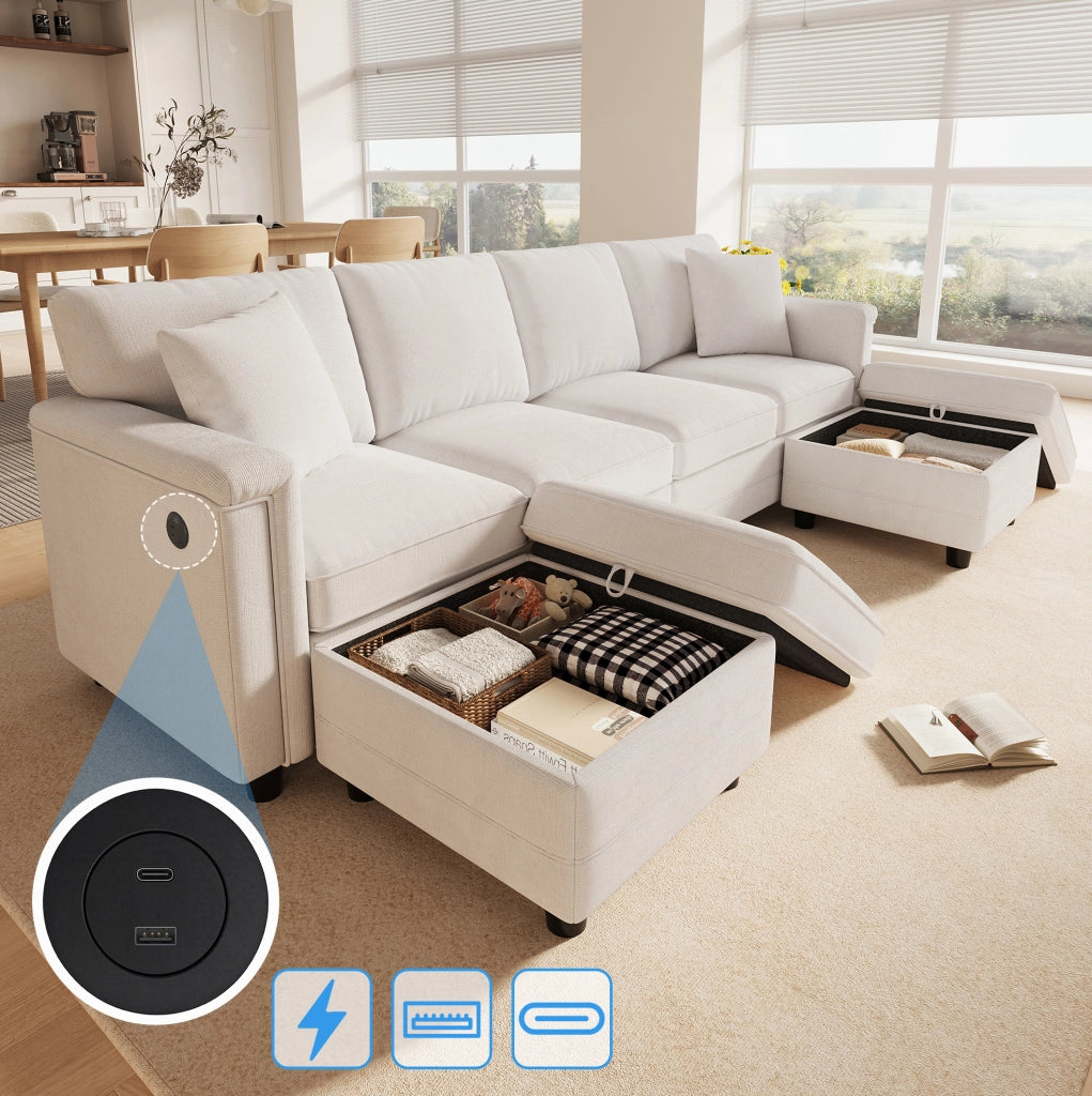 Divano modulare in ciniglia beige 261 × 134 × 82 cm con 2 pouf contenitore