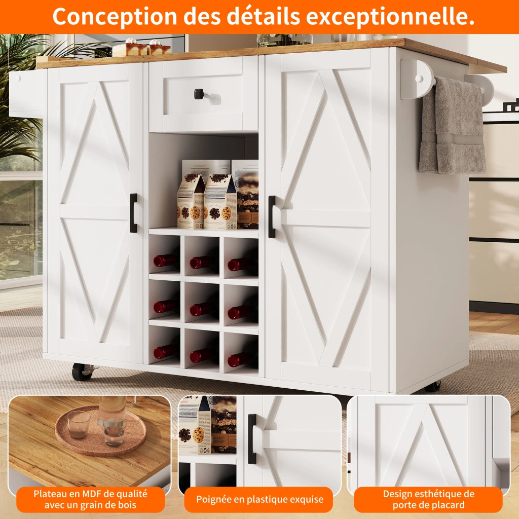 Isola da cucina con piano pieghevole ruote e armadio a due ante in MDF bianco con cassetto e ripiani regolabili