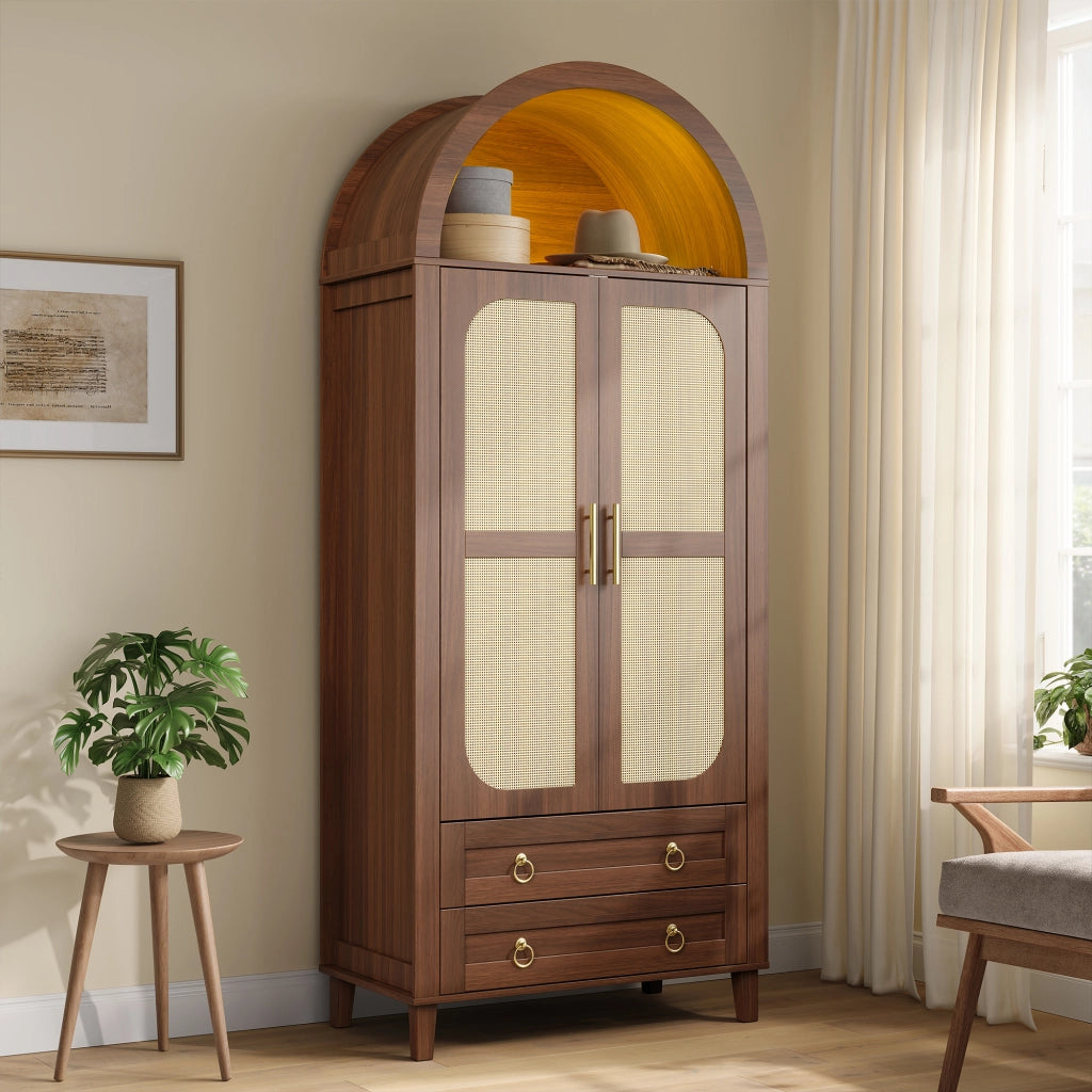 Armadio con nicchia ad arco LED controllata da app ante con decoro rattan e 2 cassetti noce 76 × 50 × 184 cm