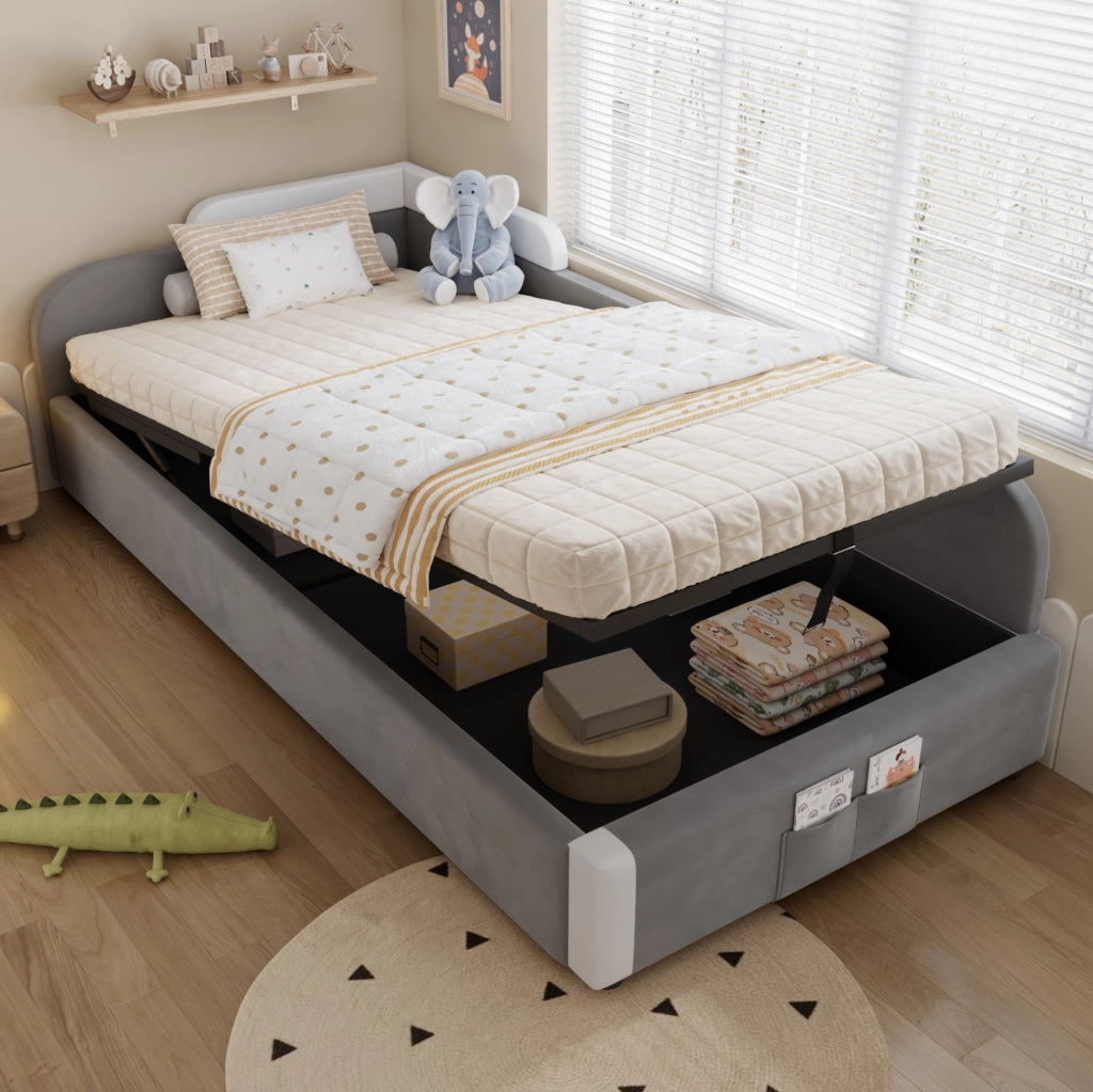 Letto singolo per bambini 90x200 cm con contenitore idraulico in velluto; bianco e grigio