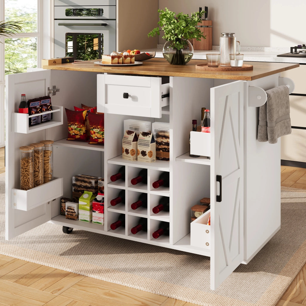 Isola da cucina con piano pieghevole ruote e armadio a due ante in MDF bianco con cassetto e ripiani regolabili
