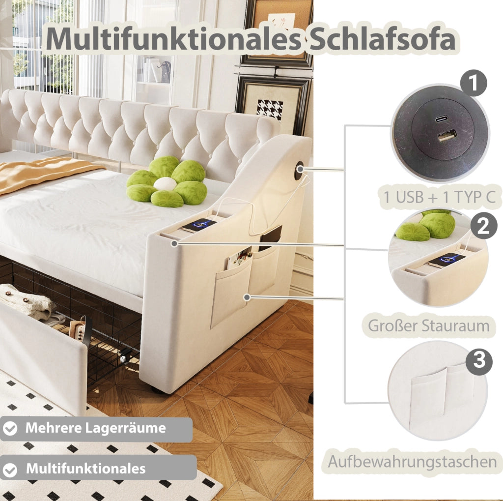 Divano letto 214,5x96x78,5 cm con contenitore, cassetti e USB in velluto beige per piccoli spazi, moderno