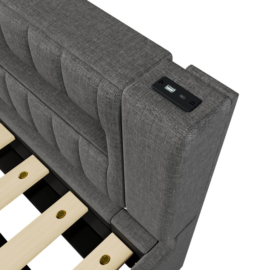 Divano letto 90x200 cm in lino grigio con LED, porta USB + Type-C e contenitore idraulico, senza materasso