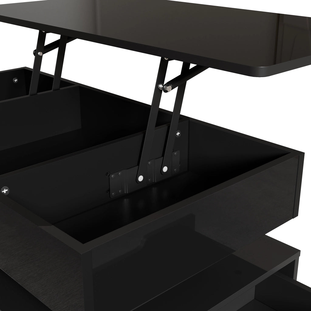 Tavolino da salotto 90 × 48 × 42,5 cm regolabile in altezza MDF nero con LED presa cassetti e vani aperti