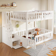 Letto a castello 140x200 cm in legno massello con scala e spazio contenitivo, bianco