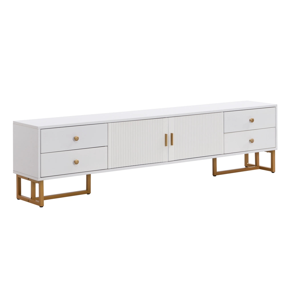 Mobile TV basso moderno in MDF bianco da 175 cm con 4 cassetti, 2 ante, vano centrale e piedi dorati, design testurizzato per soggiorno elegante