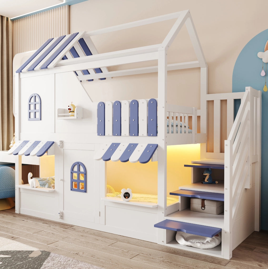 Letto a castello per bambini 90x200 cm con LED; ripiani e scala contenitore; bianco e blu