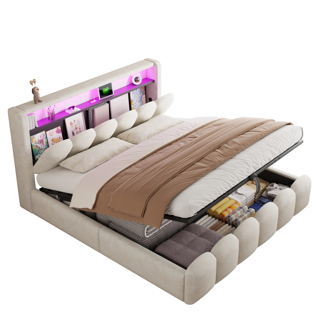 Letto matrimoniale contenitore 180 × 200 cm imbottito in velluto beige con LED USB e porta Type C design a petali
