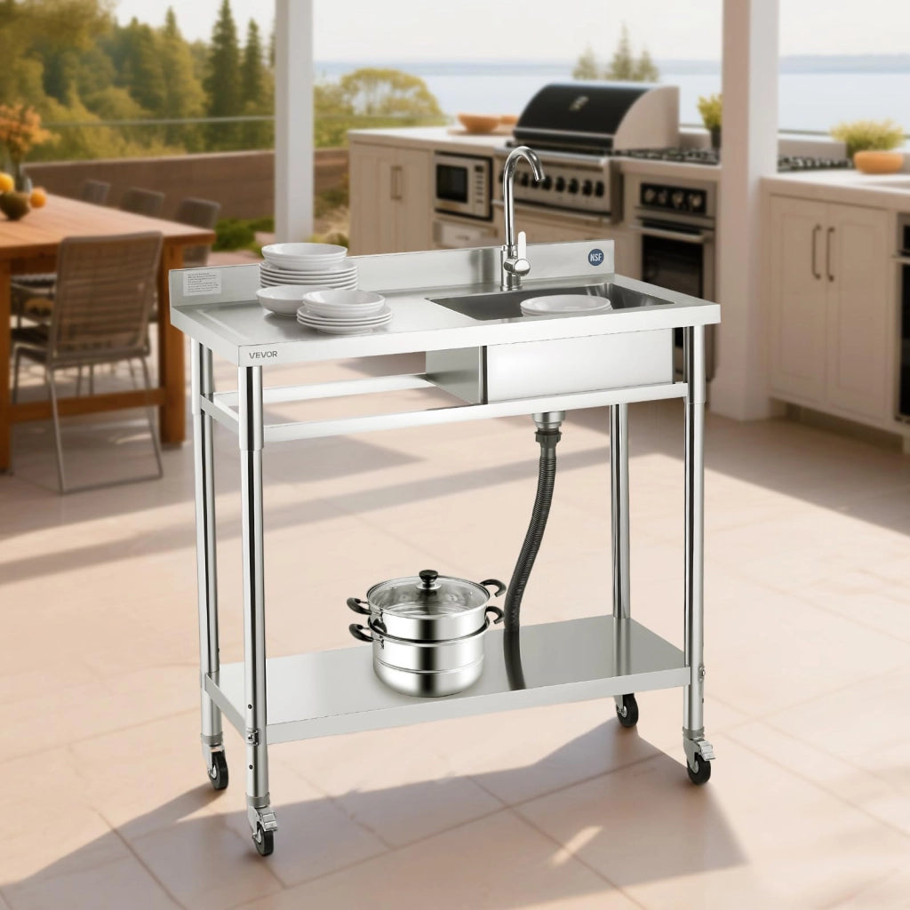 Lavello singolo, dimensioni 1000x500x1055 mm, completo di rubinetto e dotato di ruote
