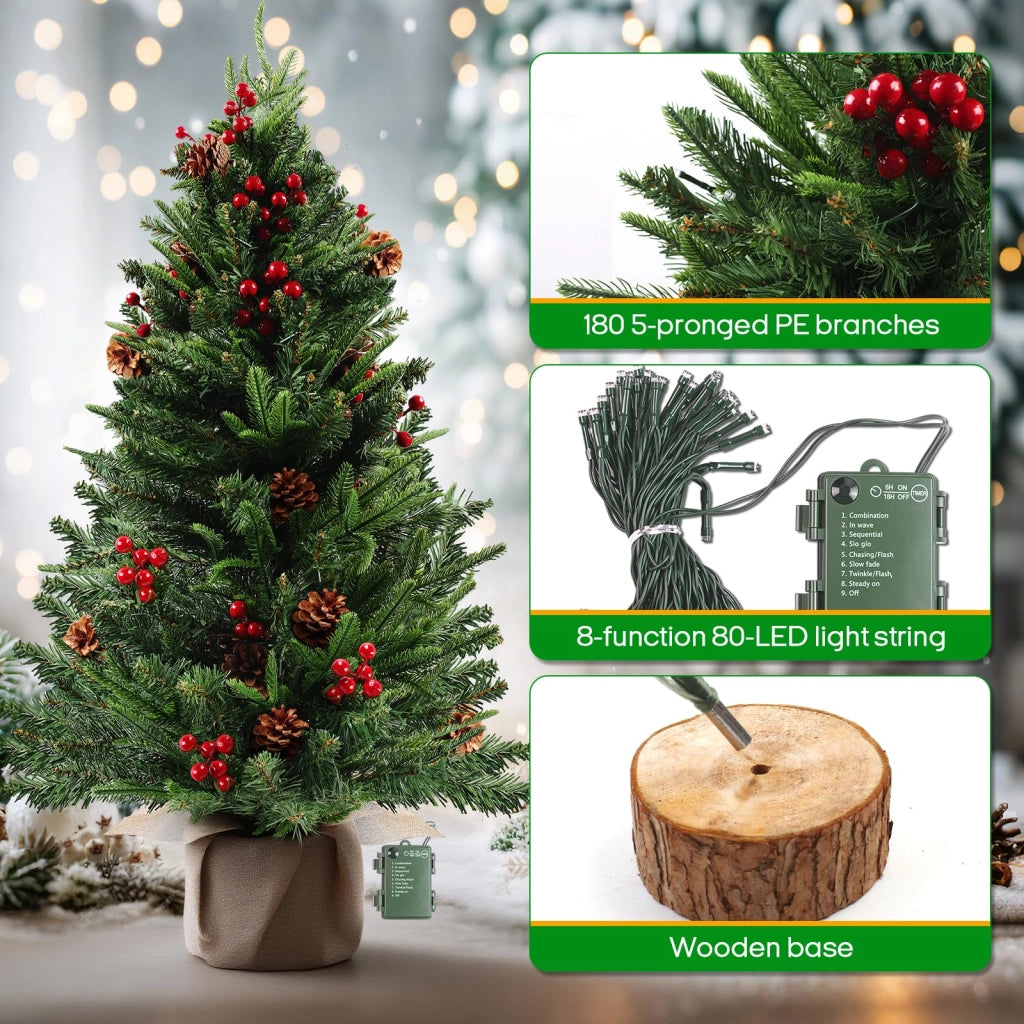 Albero di Natale artificiale, altezza 90 cm, 80 LED, 170 rami, luce bianco caldo