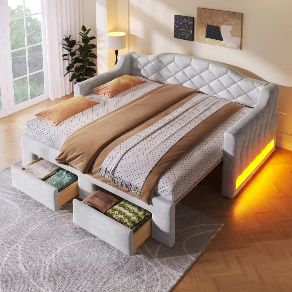 Letto singolo estraibile 90x200-180x200 cm con 2 cassetti e LED; grigio