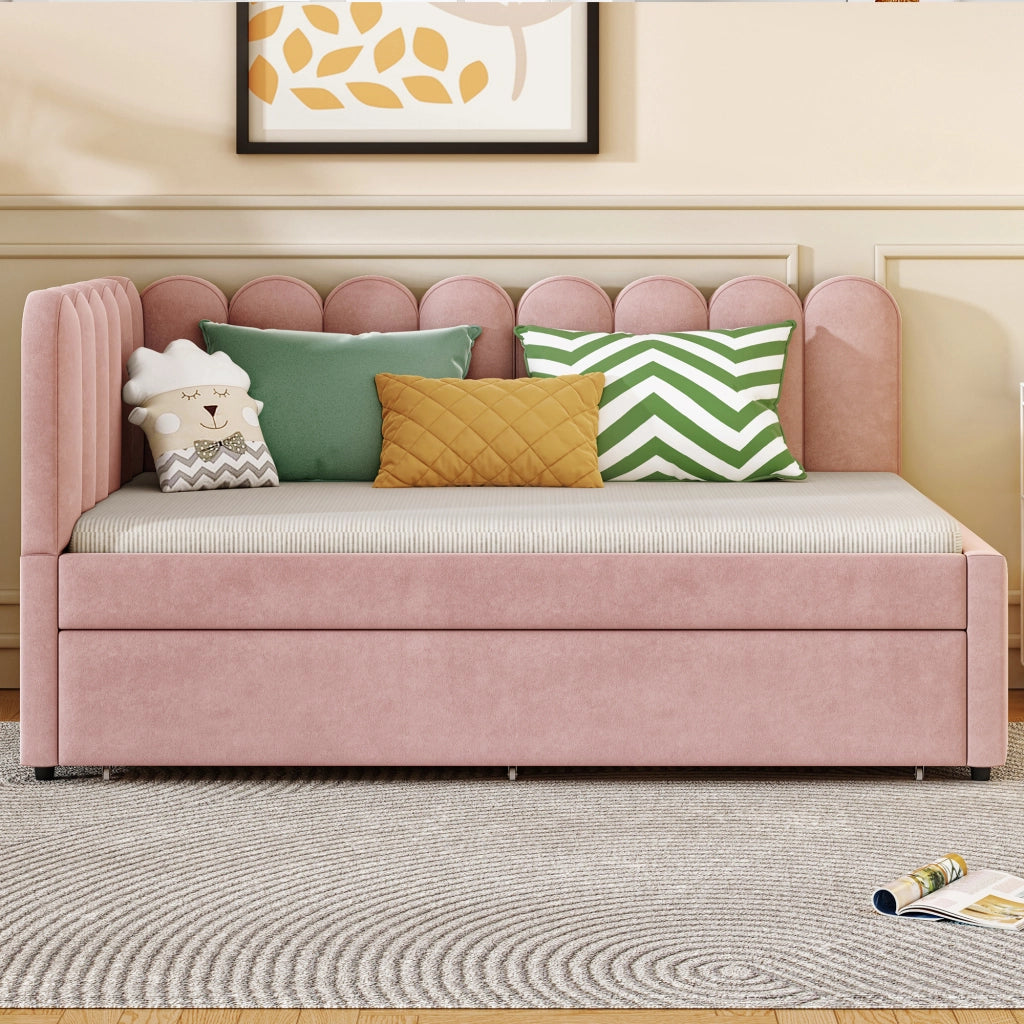 Letto estraibile imbottito a L 140 × 200 cm in velluto rosa con schienale a forma di petalo e rete a doghe