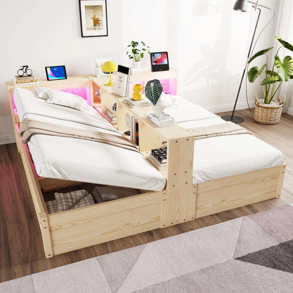 Letto matrimoniale multifunzionale con vano contenitore idraulico LED e prese integrate in legno naturale