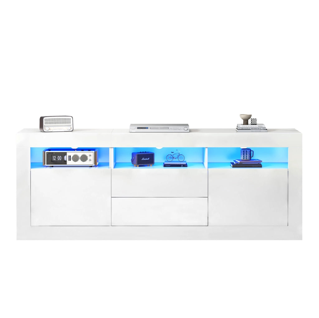 Mobile TV in truciolato bianco lucido da 160x35x60 cm con LED controllabili via app per TV fino a 70 pollici