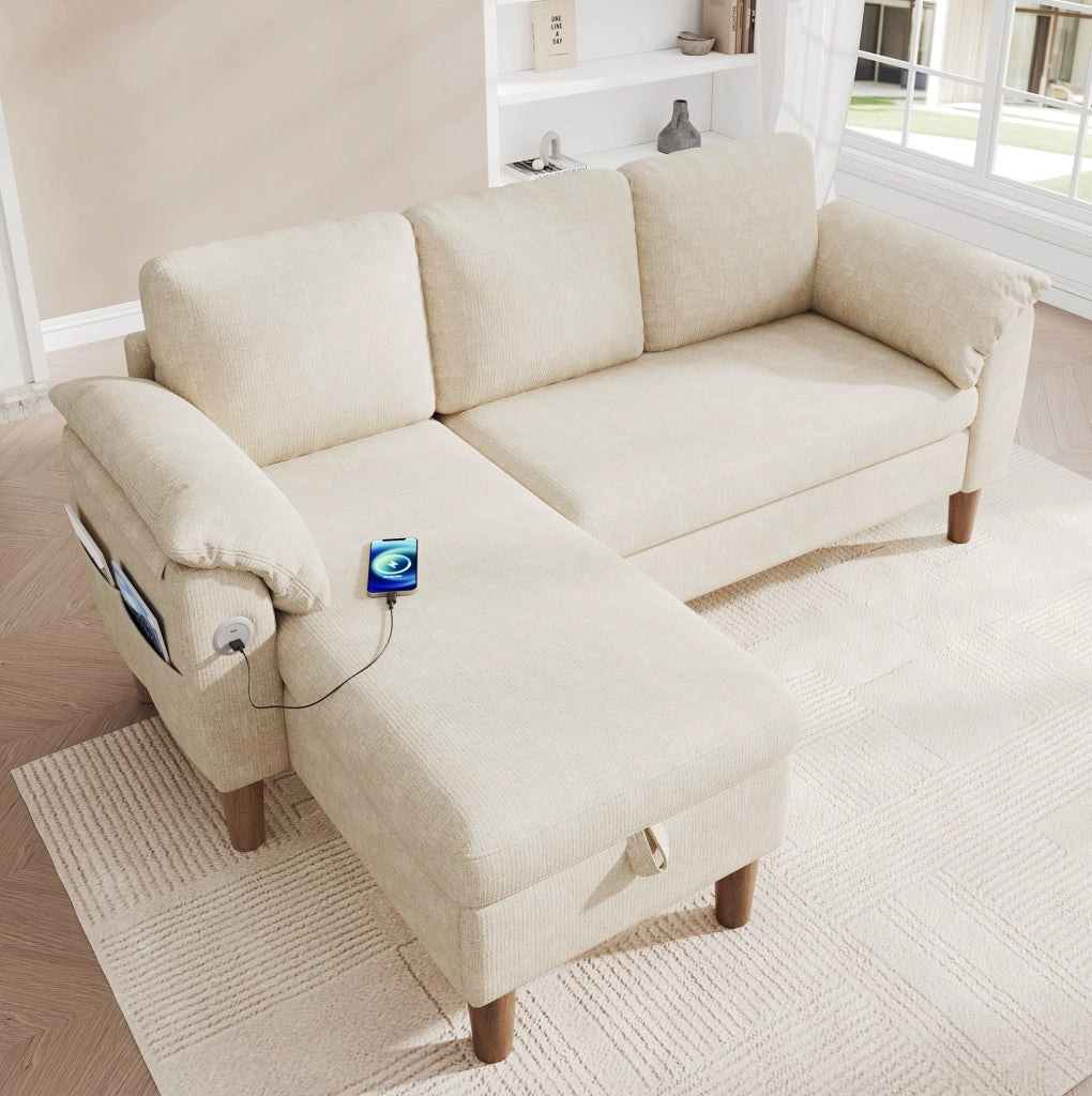 Divano angolare 3 posti beige in ciniglia con contenitore, USB e Type-C