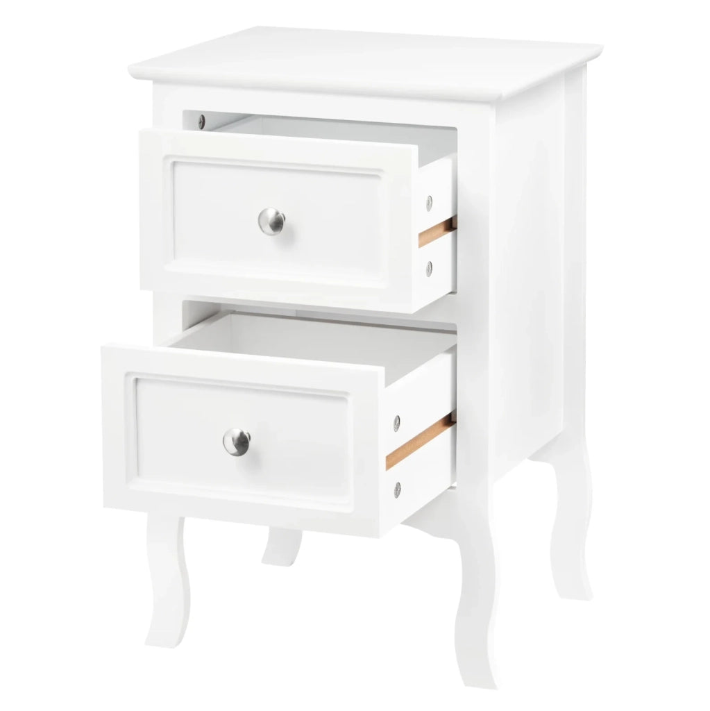 Comodino bianco in MDF con 2 cassetti e gambe curve