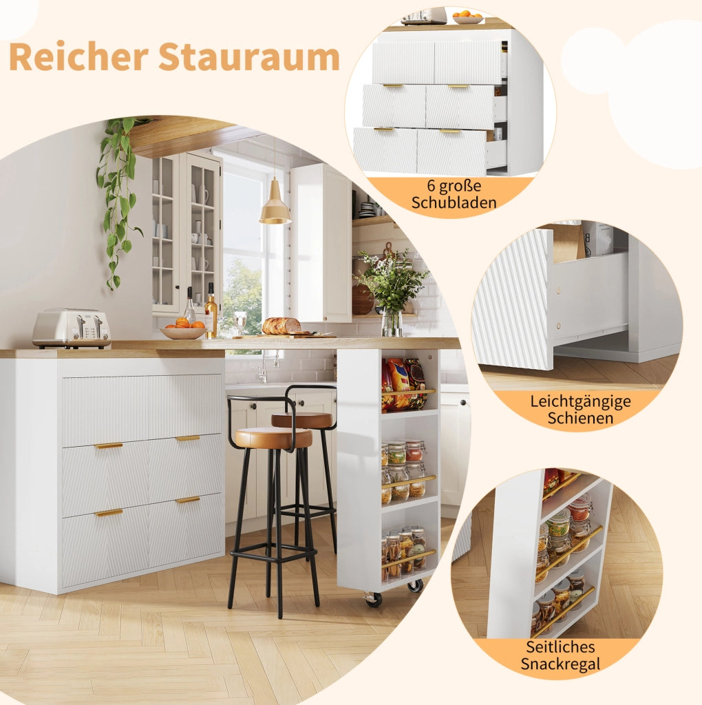 Tavolo bar IVMEU girevole a 360¡ã con 6 cassetti e vano laterale, 128-203 x 39 x 90 cm, bianco in MDF