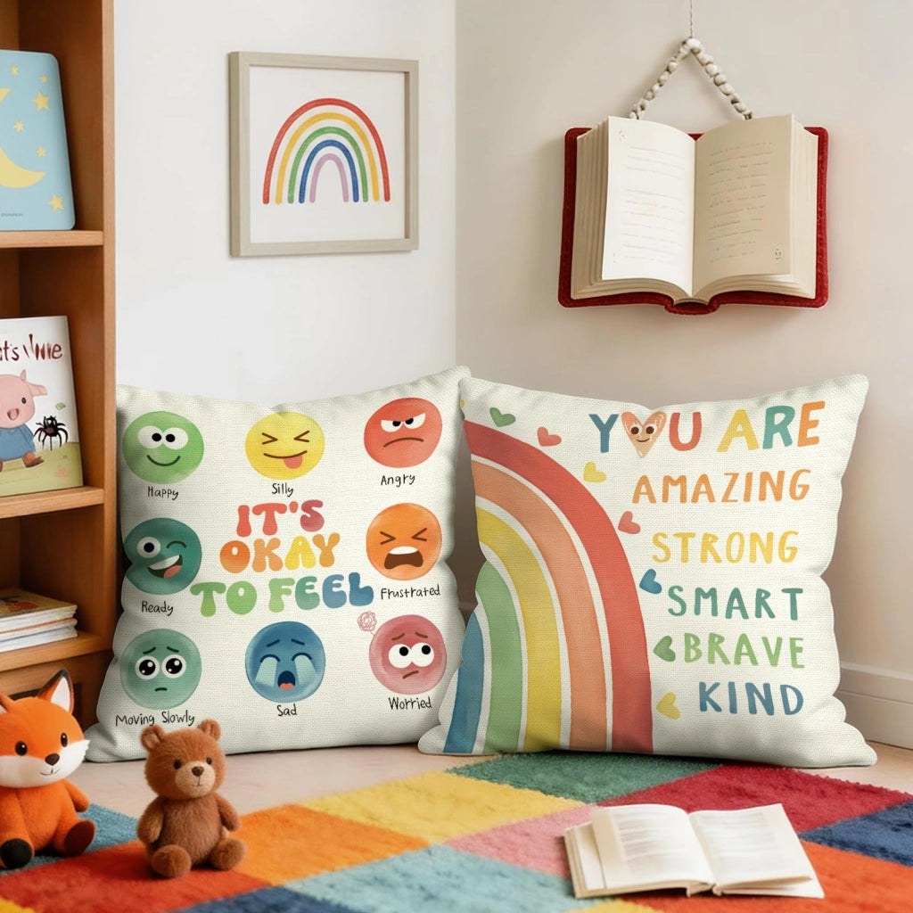 Set di 4 federe per cuscini, 45x45 cm, in poliestere, motivo arcobaleno