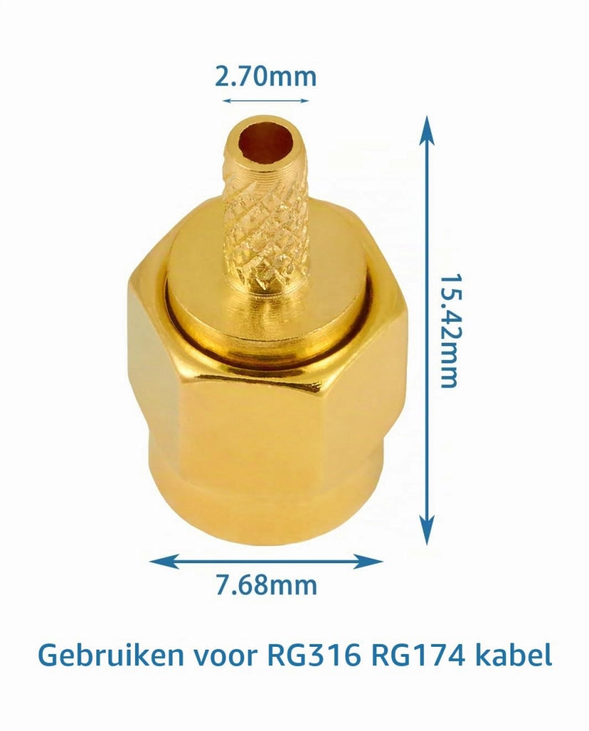 10 connettori RP-SMA maschio a crimpare, per cavi RG316 e RG174, impedenza 50 Ohm