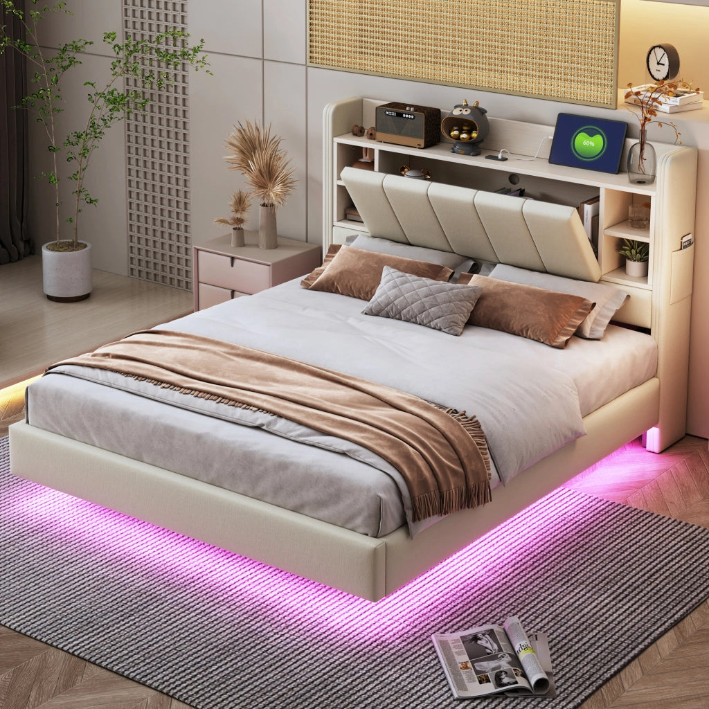 Letto matrimoniale imbottito 140 × 200 cm con USB e LED testiera contenitore in lino beige struttura in metallo